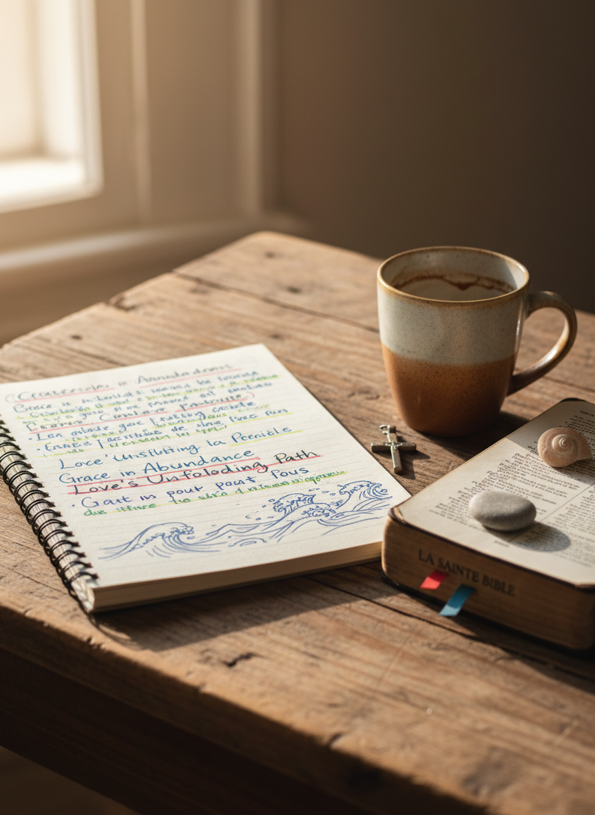 An open spiral notebook lies on a rustic wooden desk, its pages filled with carefully written sermon notes and colorful underlines. Beside it, a well-used French Bible with creased pages sits partially open, with a small seashell and a smooth beach pebble used as bookmarks, subtly evoking the coastal town of Royan. A ceramic mug with faint coffee rings nearby and a small cross-shaped pendant resting on the desk complete the scene. Soft morning light from a nearby window grazes the surface, creating gentle highlights and shadows. Photographic realism, close-up shot with shallow depth of field, focusing sharply on a few key handwritten words while the rest falls into a soft blur. The mood is reflective, creative, and quietly joyful, suggesting preparation for an engaging, life-giving prédication.