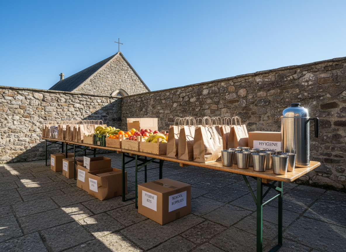 A long folding table stands in a sunny courtyard surrounded by low stone walls, covered with neatly arranged paper bags, crates of fresh fruit, and labeled boxes filled with everyday essentials. A large thermos and rows of reusable cups sit ready at one end, their stainless steel surfaces reflecting tiny glints of light. Overhead, a clear sky and the top of a nearby chapel roof with a simple cross are just visible. Mid-morning natural light creates crisp, cheerful shadows and vivid colors. Photographic realism, shot from a low, slightly diagonal angle to emphasize abundance and readiness. The atmosphere is playful and caring, evoking community service and Christian solidarity without depicting any volunteers or recipients directly.