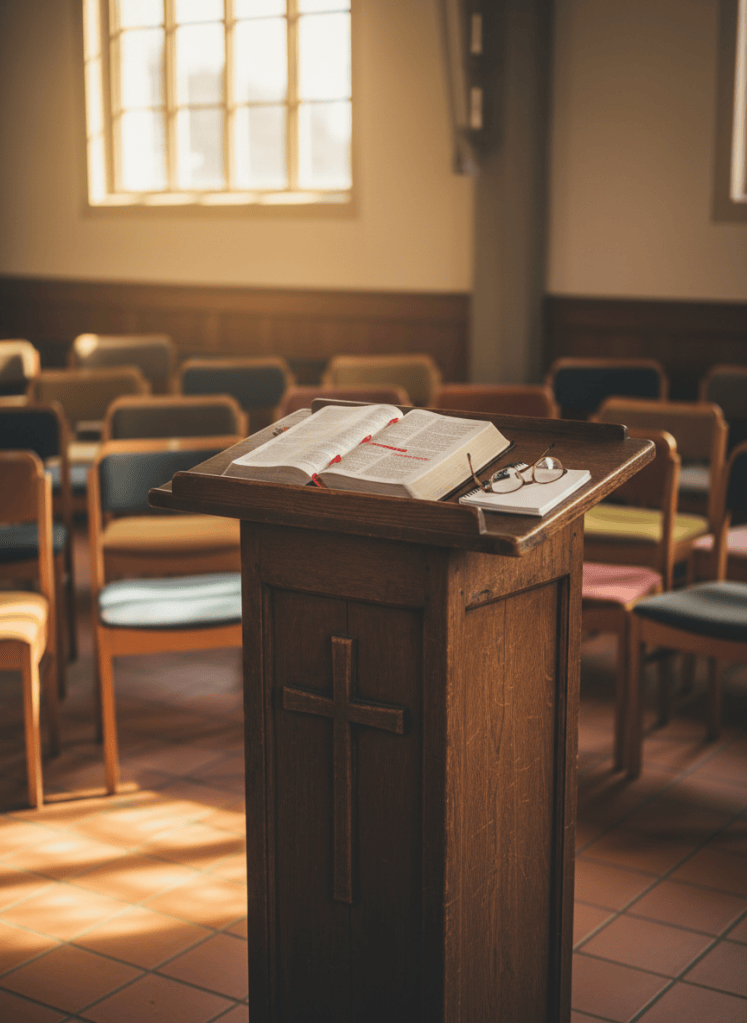 A well-worn wooden pulpit carved with a simple cross stands at the center of a bright church hall, its surface covered with an open, underlined Bible, a small notebook, and a pair of reading glasses. Around it, rows of empty, mismatched chairs form gentle arcs, suggesting a close-knit congregation. Late afternoon sunlight filters through tall, clear windows, casting playful patterns on the tiled floor and creating a warm halo around the pulpit. Photographic realism, eye-level composition, with a shallow depth of field that keeps the pulpit in crisp focus while the background softens into a gentle bokeh. The mood is welcoming, hopeful, and slightly playful, as if a lively message is about to begin.