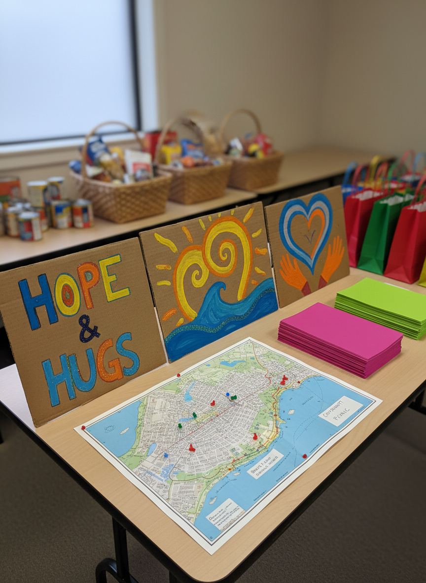 A collection of colorful outreach materials is spread across a light wooden table in a modest community room: hand-painted cardboard signs with abstract symbols in bright blues and yellows, stacks of neatly arranged blank flyers, and a small map of the city with pins near the coastline. In the background, blurred folding tables hold baskets of non-perishable food and simple gift bags. Soft overcast daylight enters through a nearby window, creating even, natural illumination and subtle shadows. Captured from a slightly elevated angle in photographic realism, the composition uses the rule of thirds to place the map and signs as focal points. The atmosphere feels energetic, organized, and playful, conveying joyful evangelization and practical acts of solidarity without showing any people.