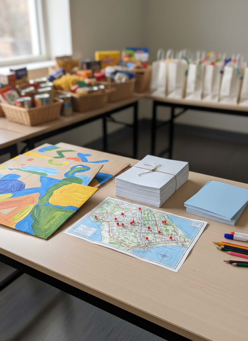 A collection of colorful outreach materials is spread across a light wooden table in a modest community room: hand-painted cardboard signs with abstract symbols in bright blues and yellows, stacks of neatly arranged blank flyers, and a small map of the city with pins near the coastline. In the background, blurred folding tables hold baskets of non-perishable food and simple gift bags. Soft overcast daylight enters through a nearby window, creating even, natural illumination and subtle shadows. Captured from a slightly elevated angle in photographic realism, the composition uses the rule of thirds to place the map and signs as focal points. The atmosphere feels energetic, organized, and playful, conveying joyful evangelization and practical acts of solidarity without showing any people.
