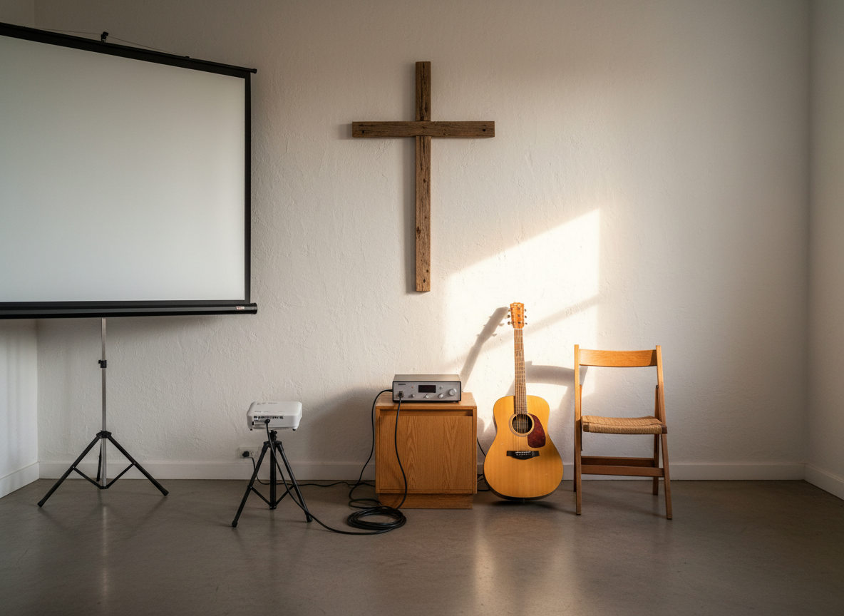 A simple wooden cross mounted on a softly textured white wall above a compact sound system and an acoustic guitar leaning against a chair, with a coiled cable resting casually on the floor. To one side, a small portable projector faces a blank pull-down screen, hinting at upcoming worship lyrics or messages. Golden hour light pours in from an unseen side window, creating long, gentle shadows and catching the warm tones of the guitar’s varnish. Photographic realism, wide-angle shot at eye level, with sharp focus throughout to emphasize the humble, multi-purpose worship space. The mood is intimate and joyful, suggesting contemporary praise and preaching in a relaxed, coastal-town church community.